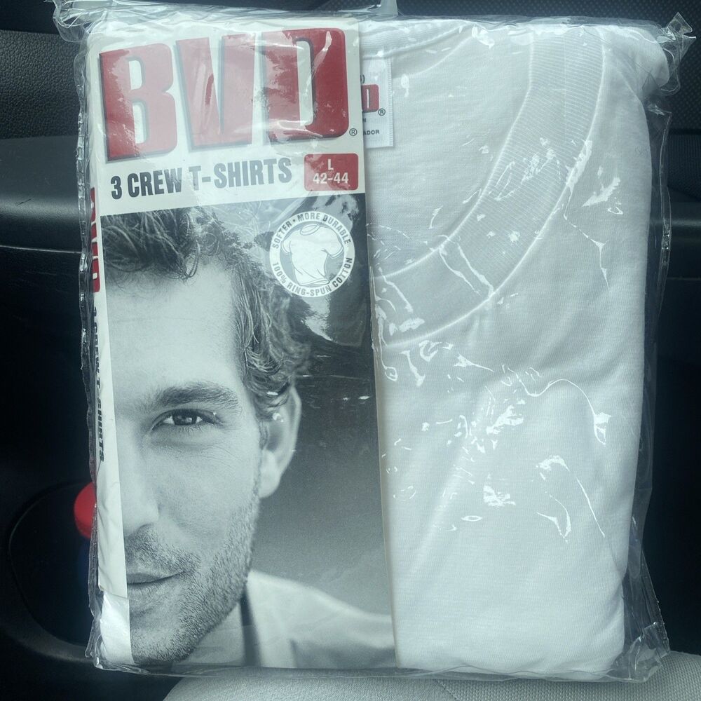 Vintage BVD Men's 3-Pack Crew T-Shirts Size L 42-44 White 100% Cotton 1999